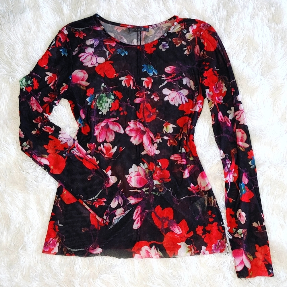 Suzy Shier || Mesh Long Sleeve Shirt, Size Large, Black Floral Pattern
